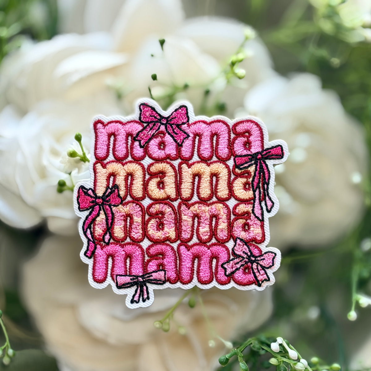 Mama Mama Mama Pink Bow Iron on Patch