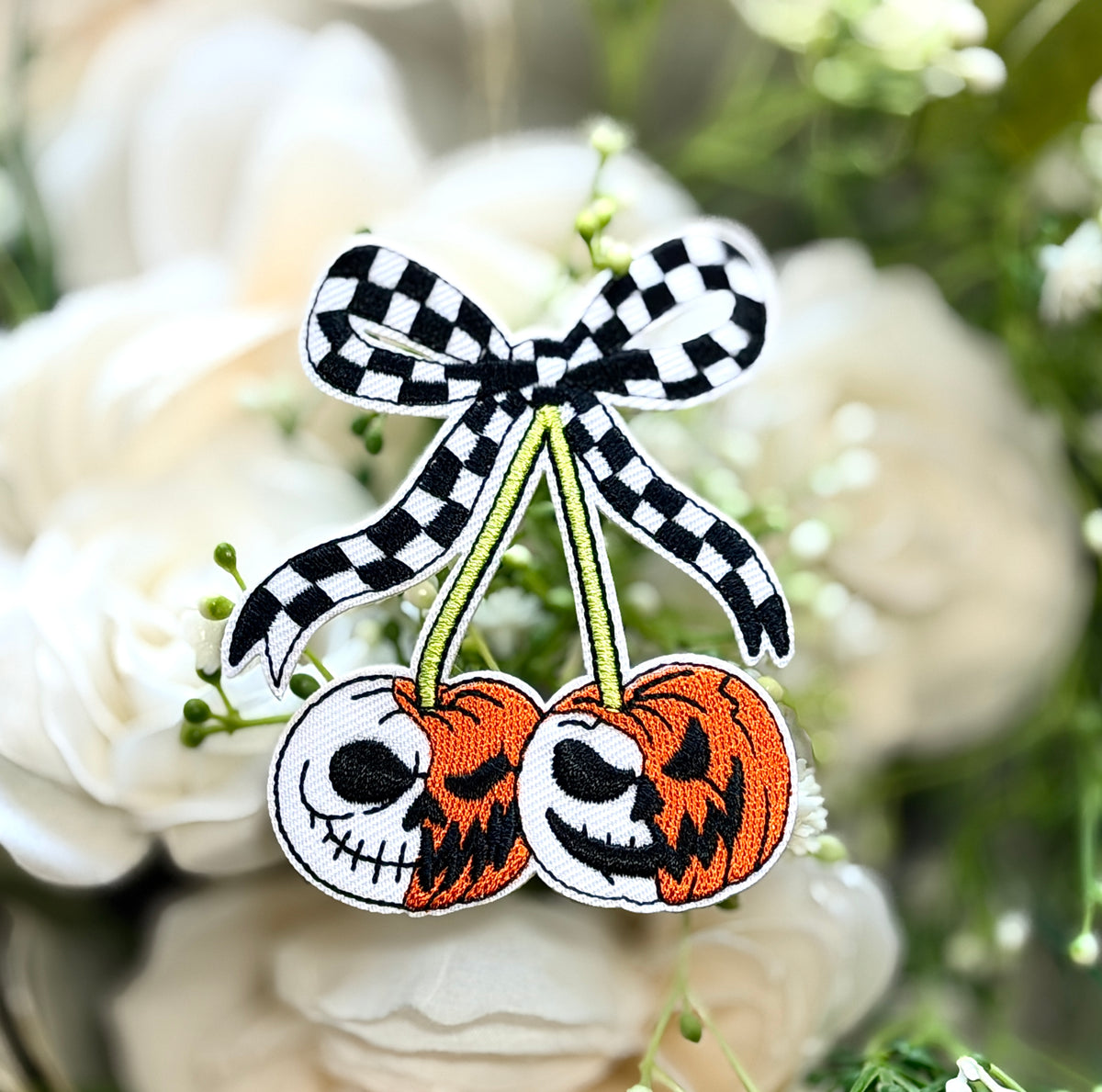 Checkered Pumpkin Cherries Iron on Patch