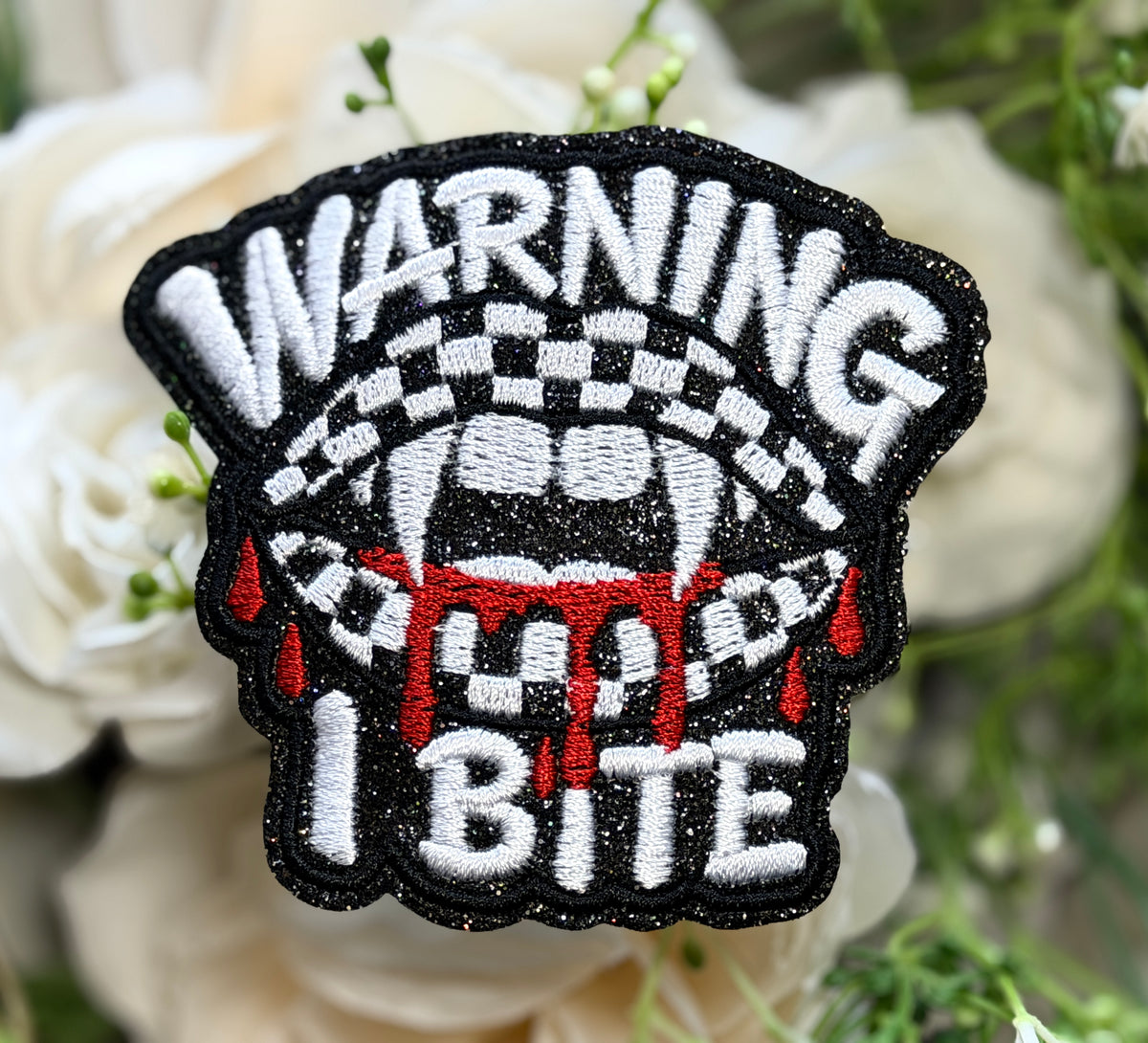 Warning I Bite Iron on Patch