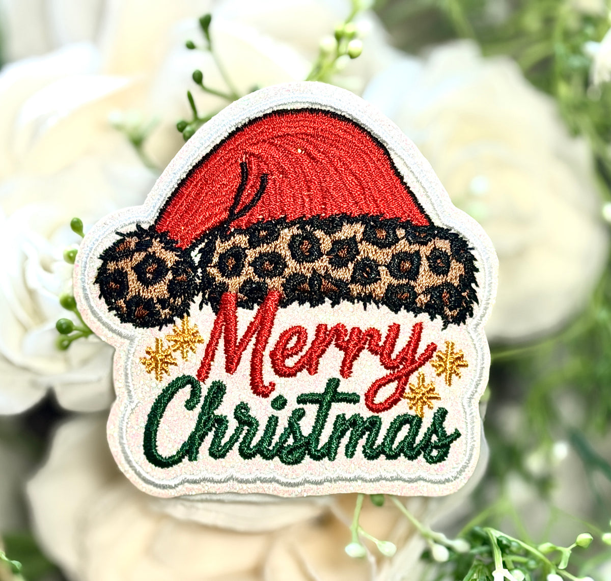 Cheetah Hat Merry Christmas Iron on Patch
