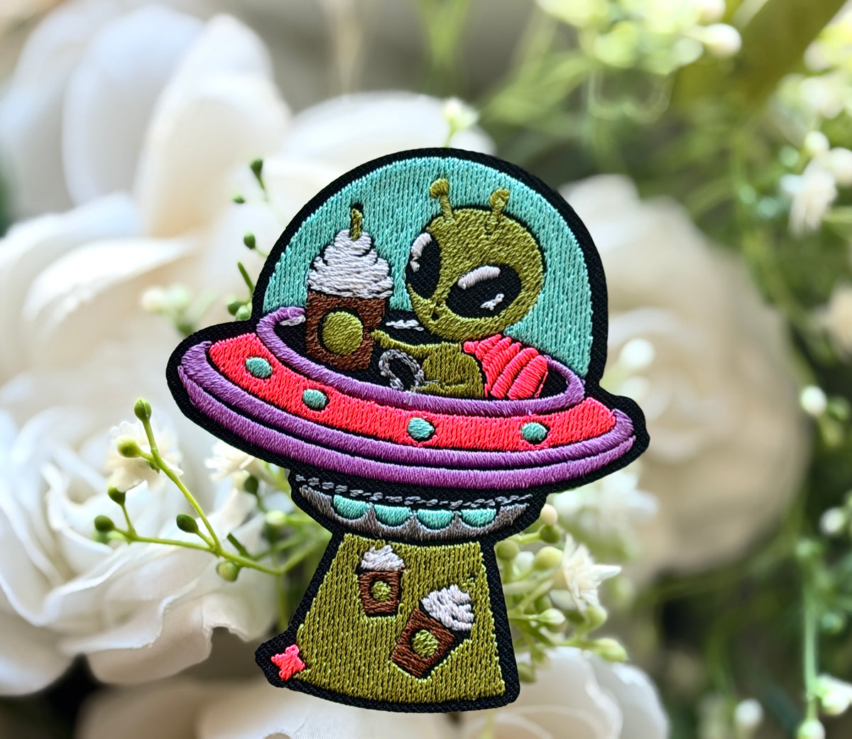 Alien Drinking Coffee Iron on Patch