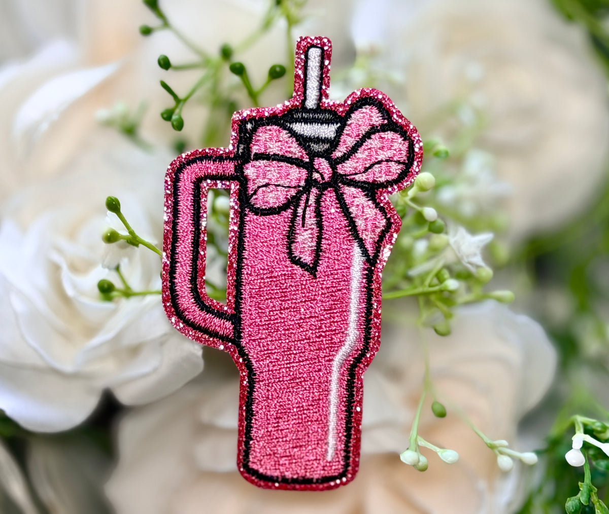 Pink Tumbler Bow Iron on Patch