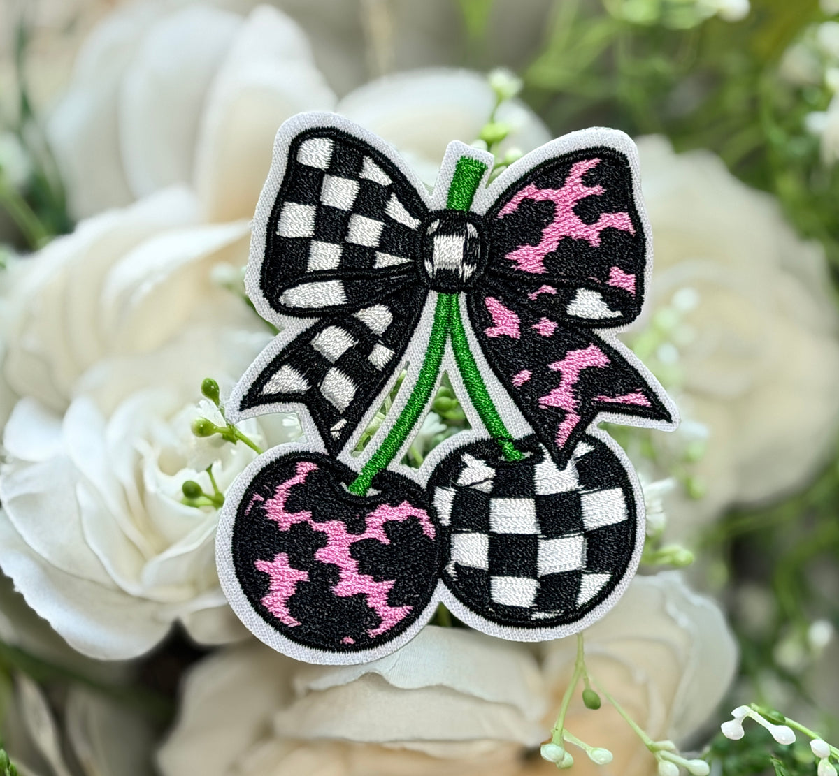 Pink & Checkered Cherries Iron on Patch