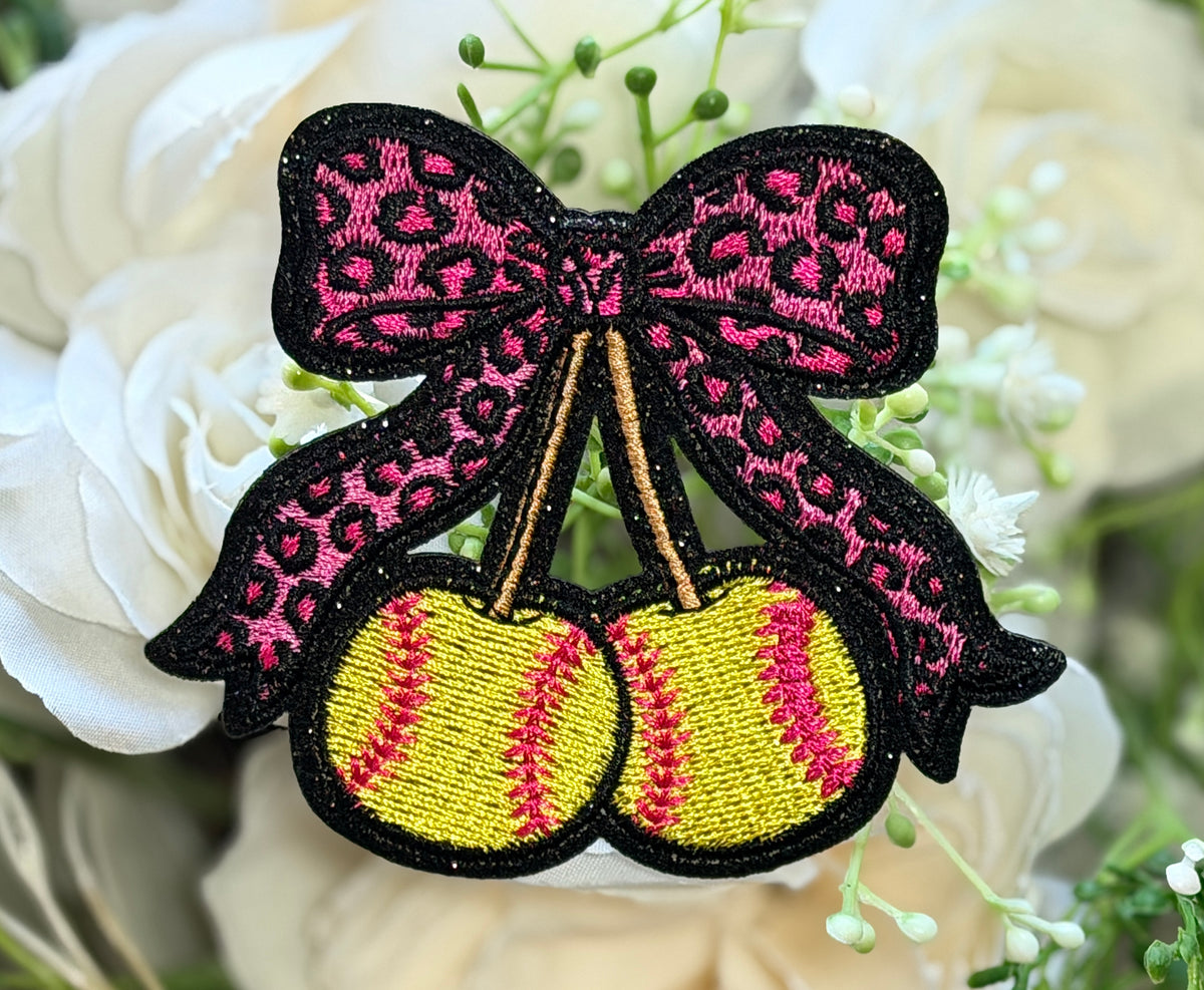 Leopard Softball Bow Cherries Iron on Patch