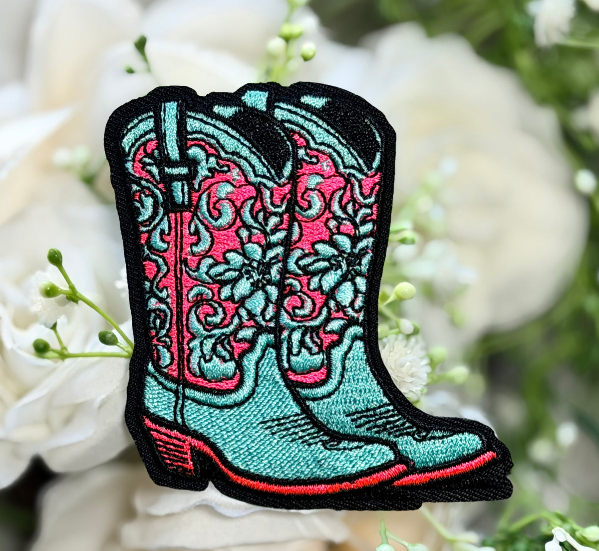 Turquoise Floral Boot Iron on Patch