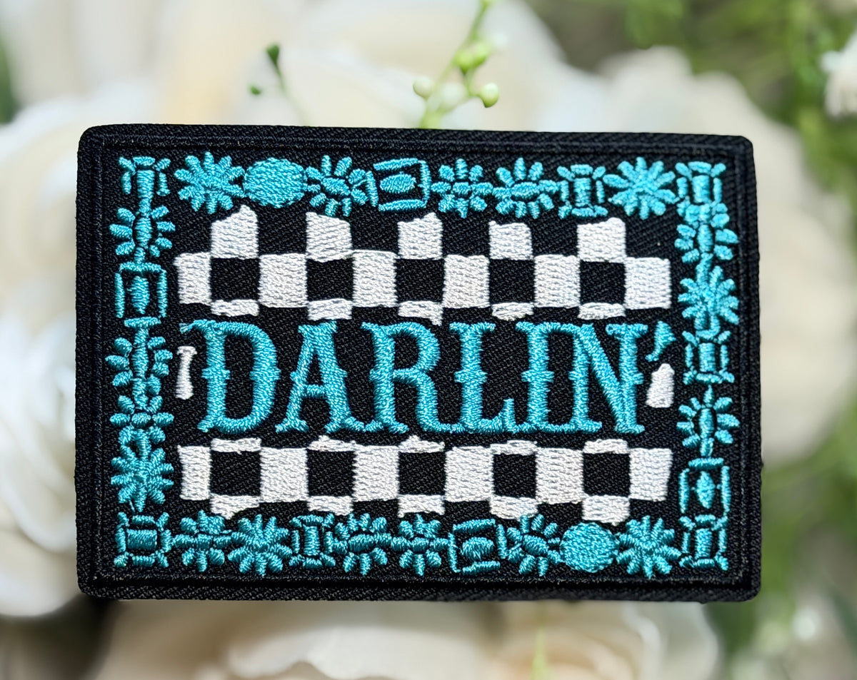 Darlin Turquoise Checkered Iron on Patch
