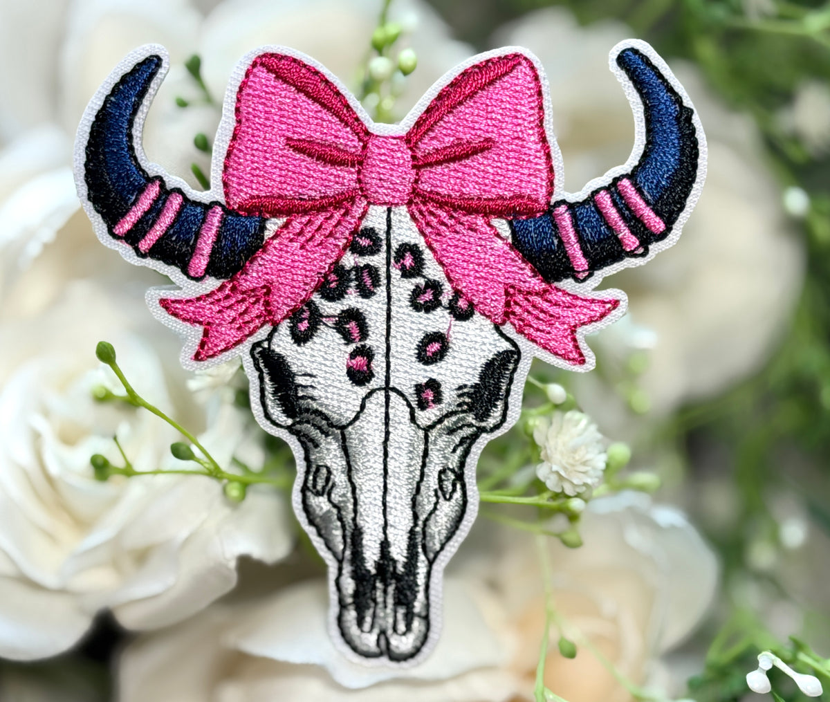 Pink Bow Longhorn Skull Iron on Patch