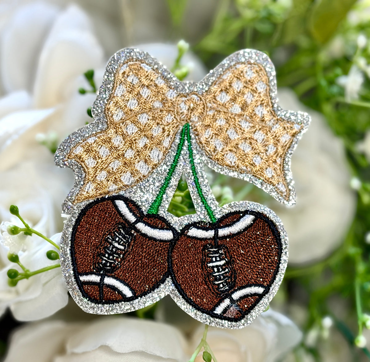 Football Cherries Bow Iron on Patch