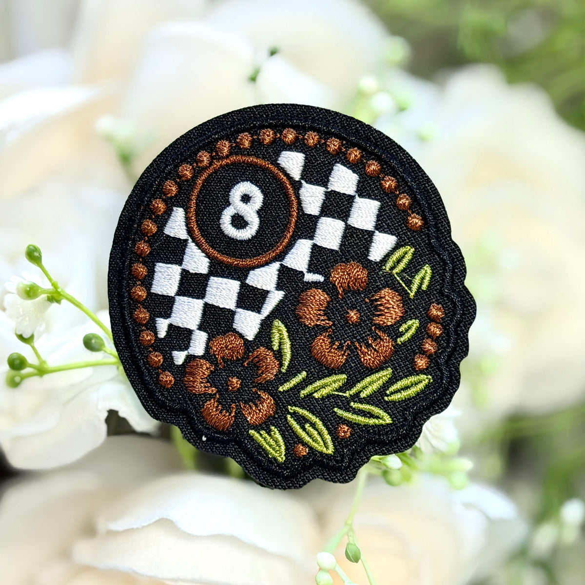 Brown Floral 8 Ball Iron on Patch