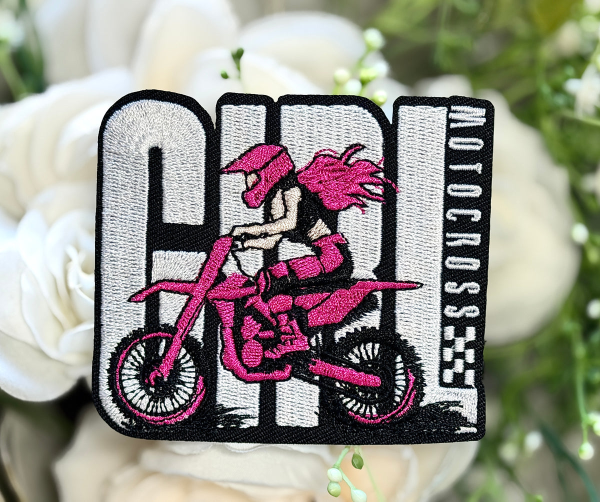 Pink Motocross Rider Iron on Patch