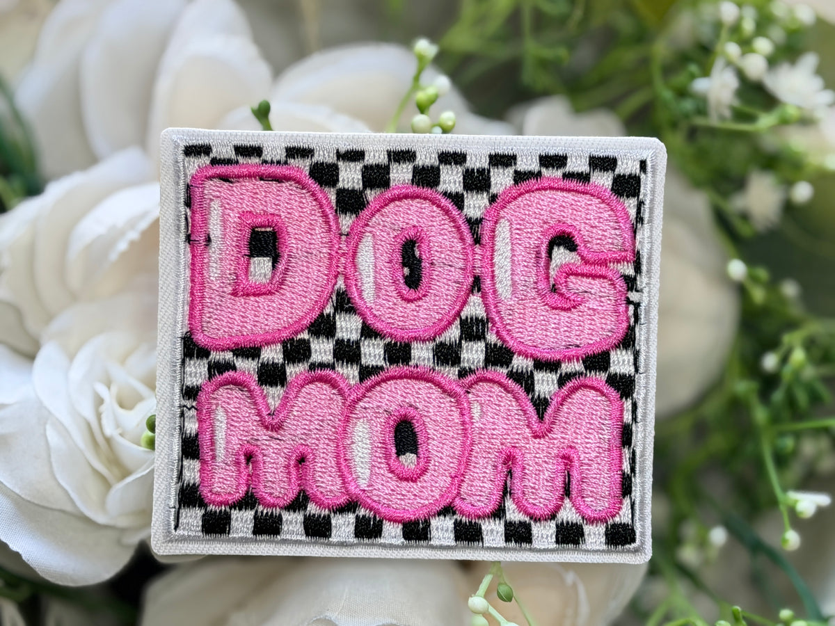 Pink, Black, White Checkered Dog Mom Iron on Patch
