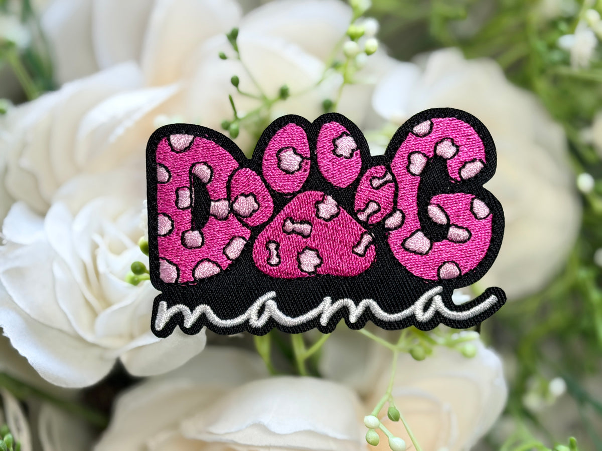 Pink and Black Bones Dog Mom Iron on Patch